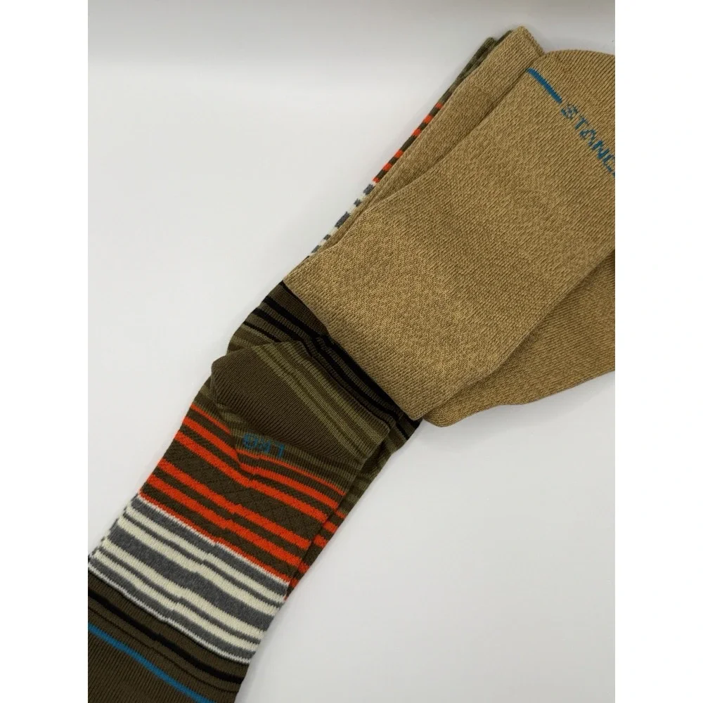 Stance Casual 2 Pack Socks Green Orange Stripe Crew Mid Cushion Mens L NWT